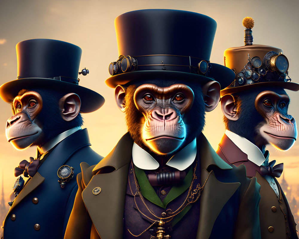 Victorian-themed anthropomorphic monkeys in steampunk attire at sunset