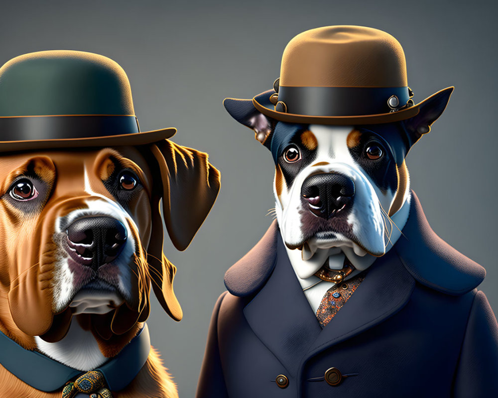 Stylized dogs in vintage detective attire with hats and coats