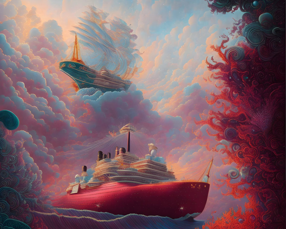 Vibrant red ship in celestial ocean with surreal sailing ship above, dreamy sky with swirling patterns