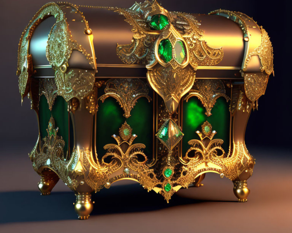 Luxurious Golden Chest with Emerald Jewels and Intricate Patterns