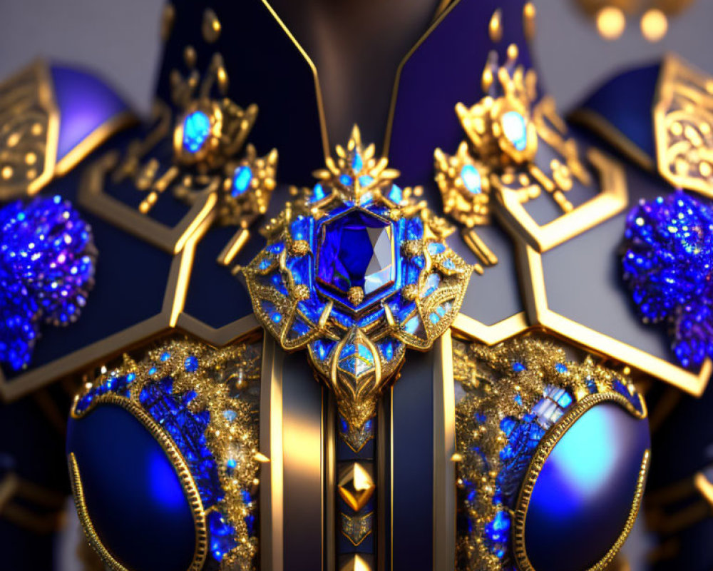 Regal golden armor with blue gemstones on dark background