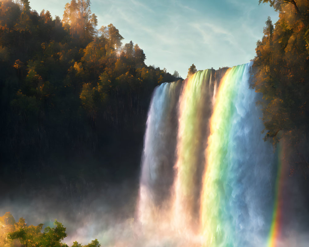 Scenic waterfall with rainbow mist in lush forest