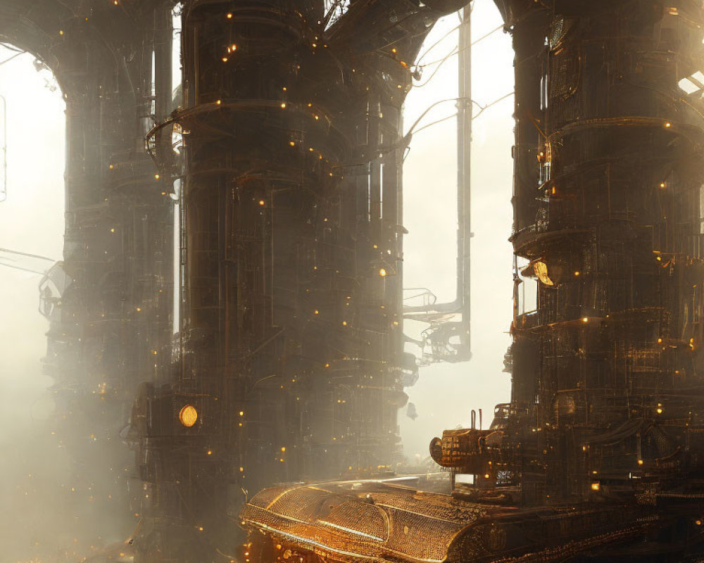 Mystical Steampunk Interior with Towering Columns and Golden Lights