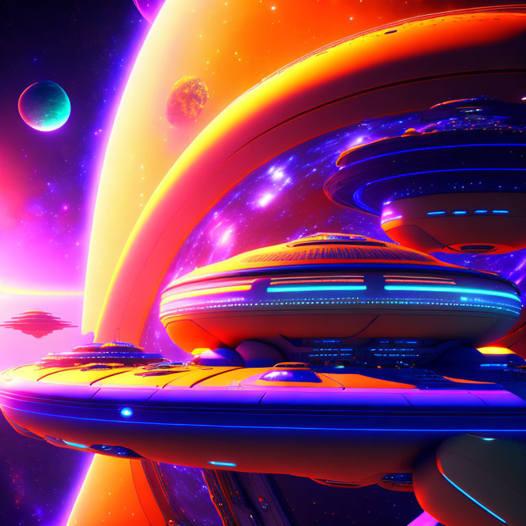 Futuristic space station orbiting planet in colorful nebula