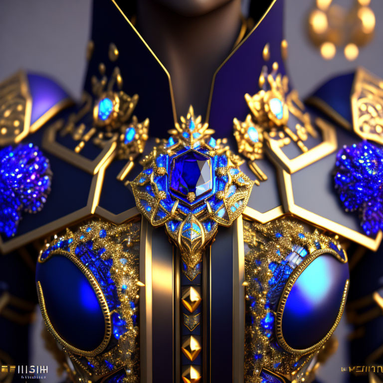 Regal golden armor with blue gemstones on dark background