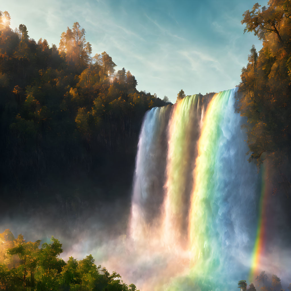 Scenic waterfall with rainbow mist in lush forest