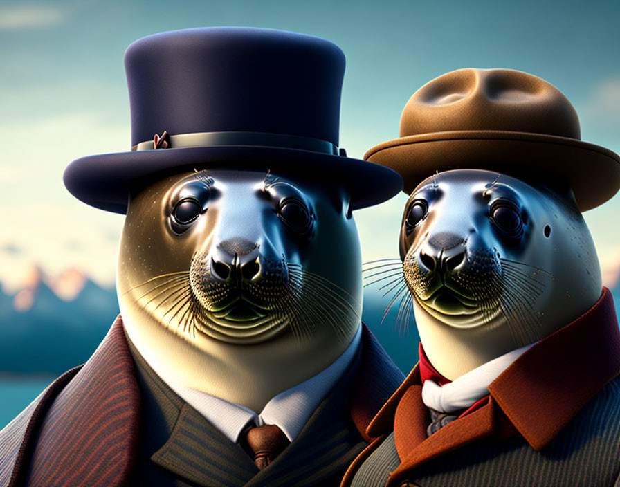 Anthropomorphic seals in vintage attire under twilight sky