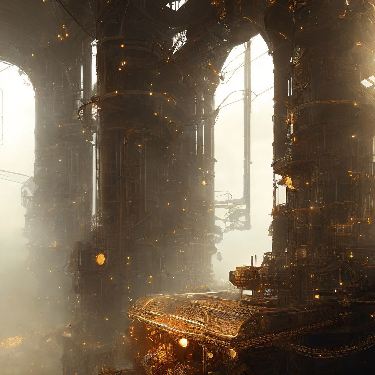 Mystical Steampunk Interior with Towering Columns and Golden Lights