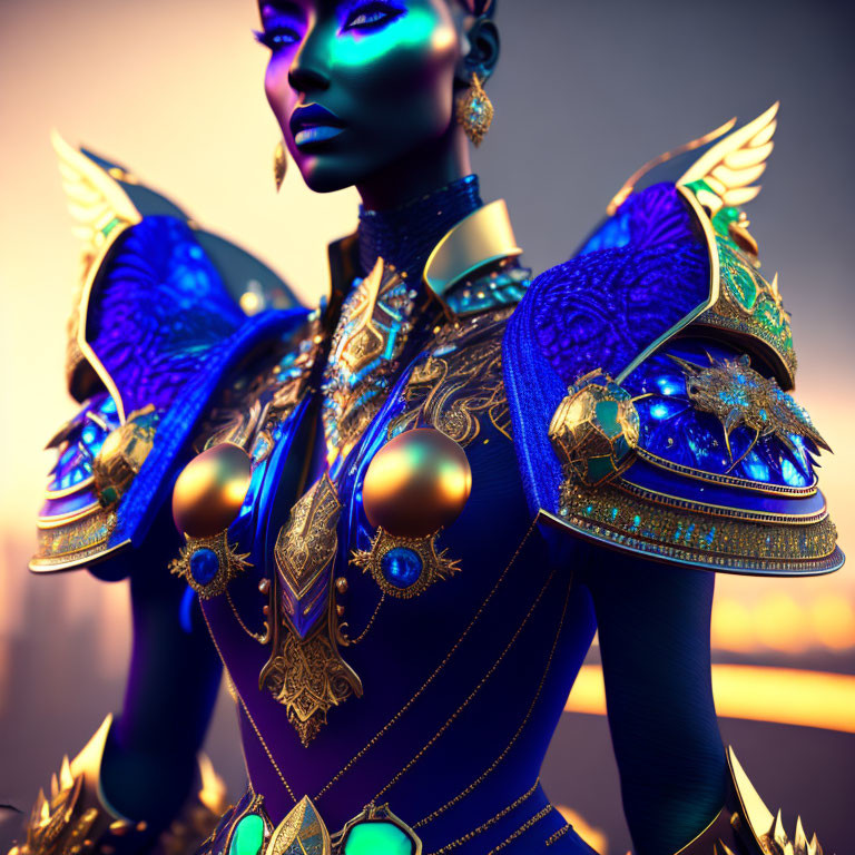 Digital Artwork: Female Figure in Blue and Gold Armor