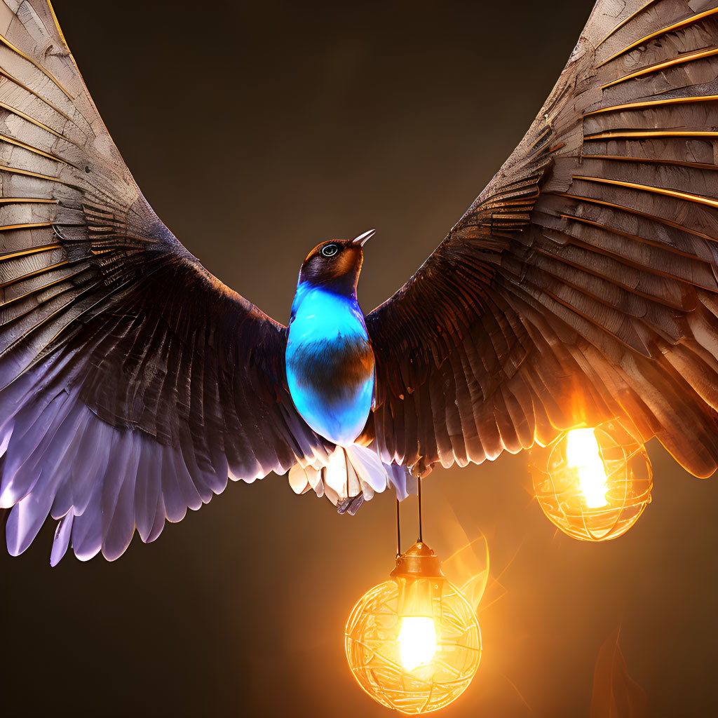 Vibrant blue bird with outstretched wings on wire with glowing bulbs in warm, dark setting