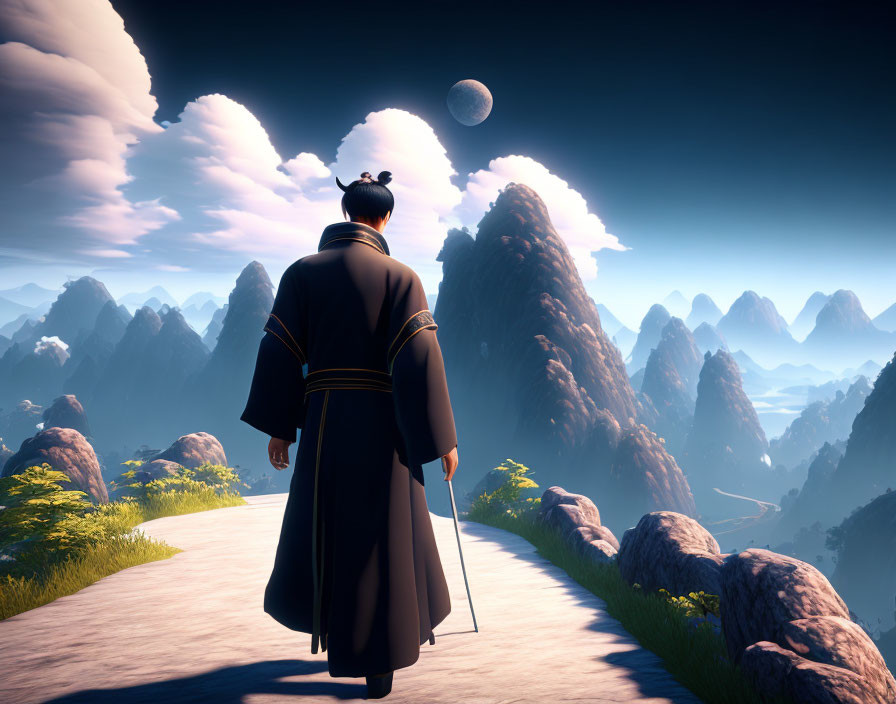 Stylized animated character in traditional robe on misty mountain path.