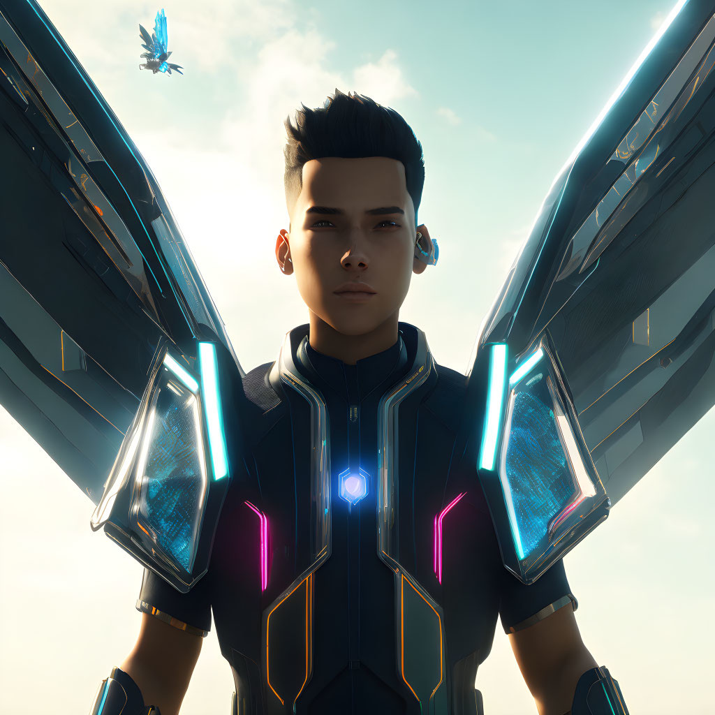 Male character in futuristic wing-like armor with glowing blue accents and stylized suit, set against sky background