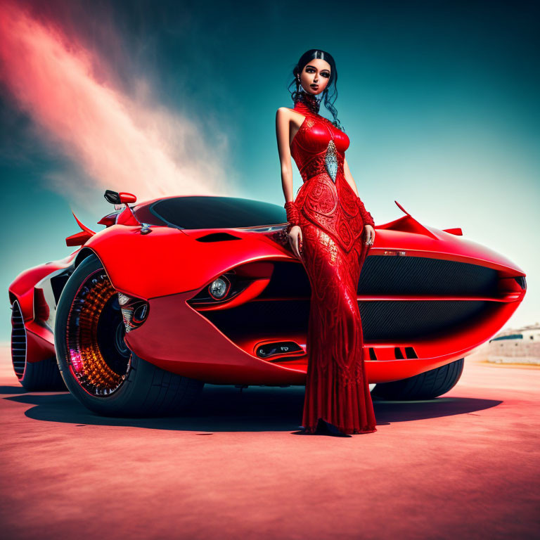 Woman in elegant red dress posing next to sleek red sports car under vibrant sky