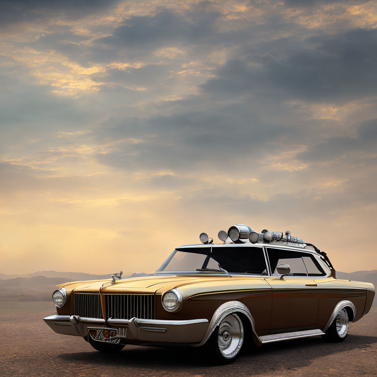 Customized vintage car with rooftop equipment in desert setting at dusk