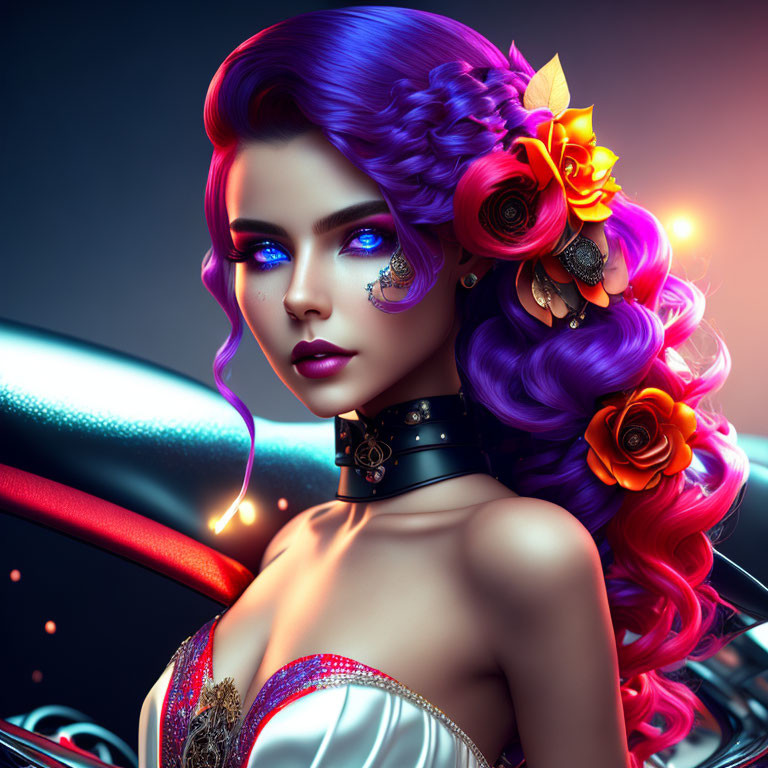 Vibrant purple hair woman with futuristic shoulder piece and floral accents