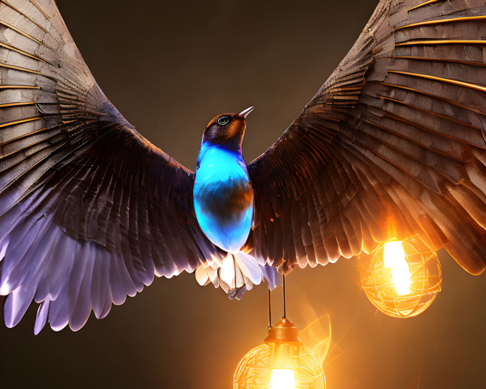 Vibrant blue bird with outstretched wings on wire with glowing bulbs in warm, dark setting