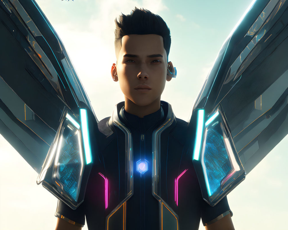 Male character in futuristic wing-like armor with glowing blue accents and stylized suit, set against sky background