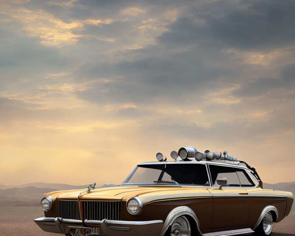 Customized vintage car with rooftop equipment in desert setting at dusk