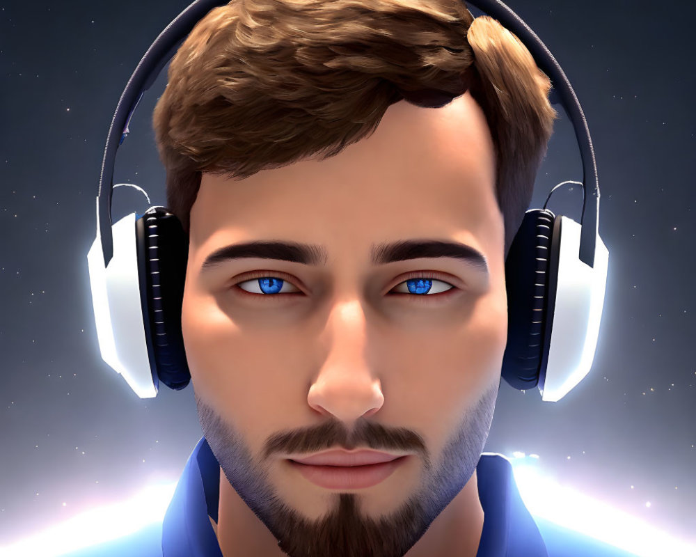 Young man's digital avatar with blue eyes and headset on starry background