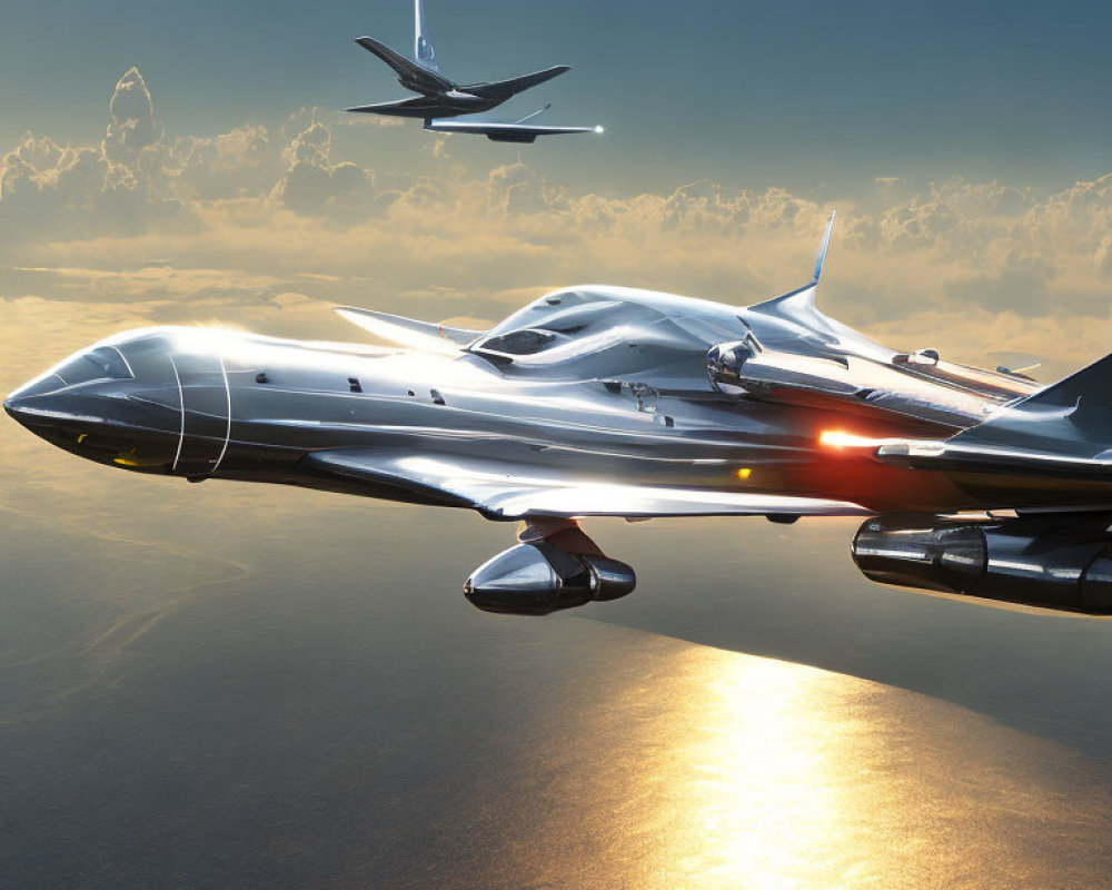 Futuristic jet flying over ocean at sunset with aircraft in distance