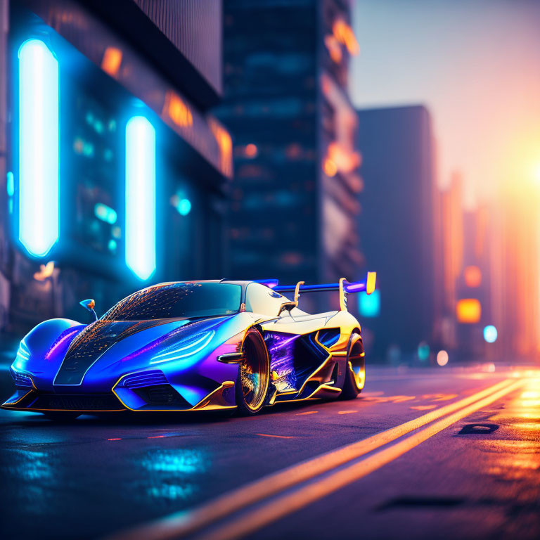 Futuristic blue sports car with neon highlights in urban sunset scene