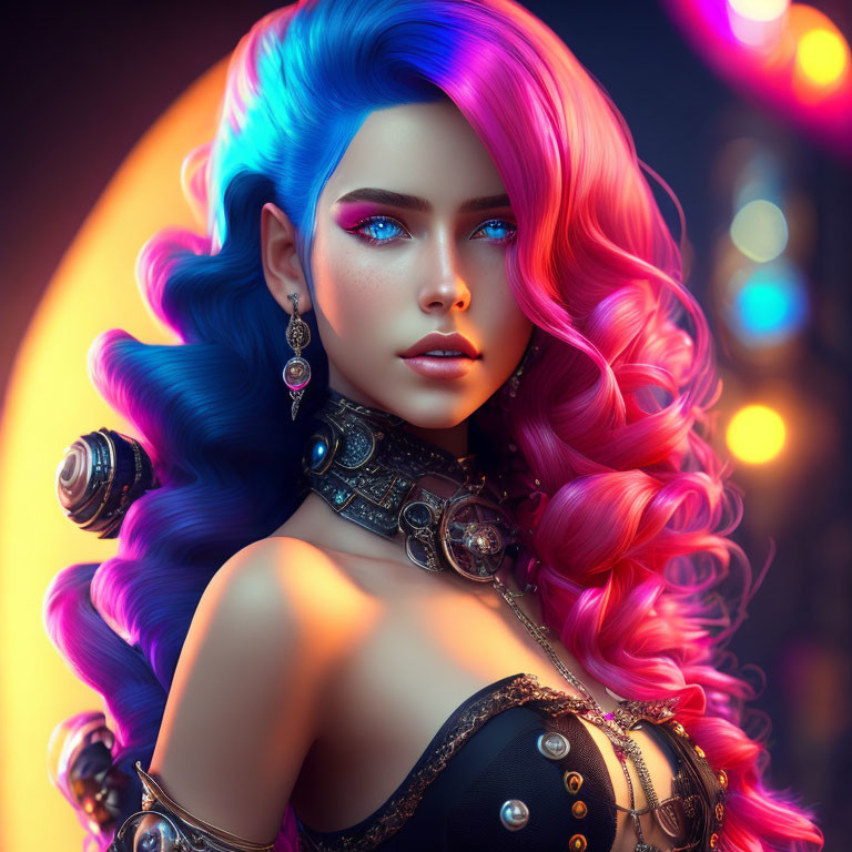 Vibrant blue and pink hair woman in futuristic attire portrait