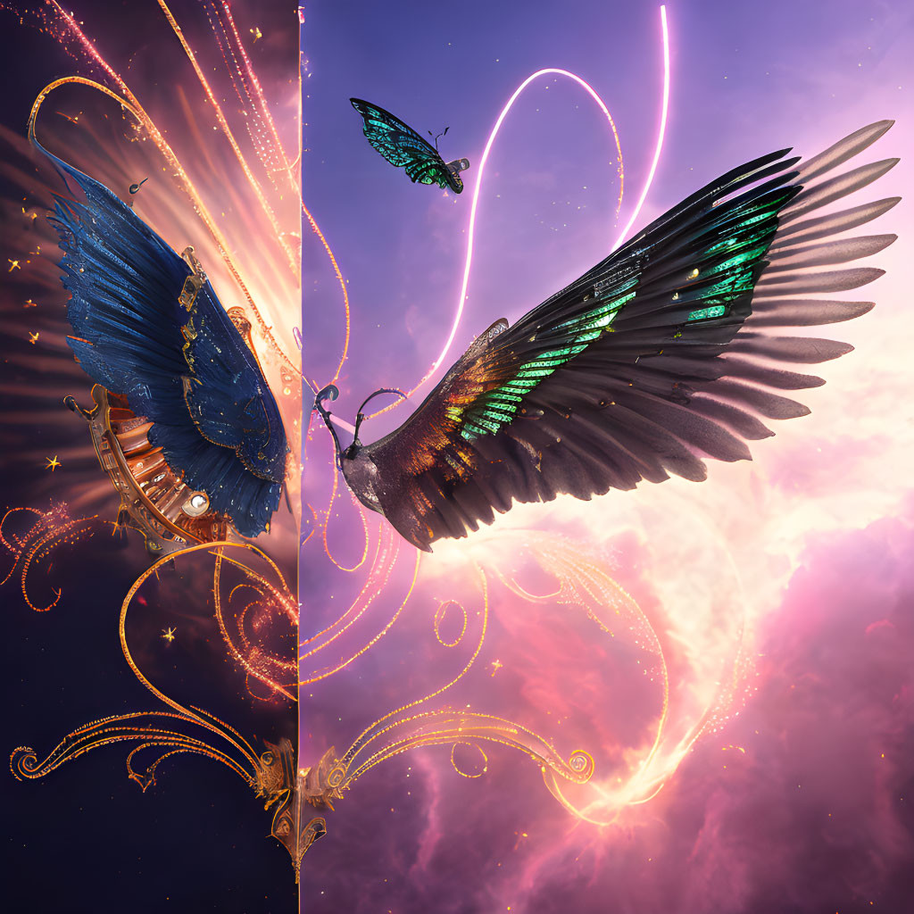 Fantastical jeweled mechanical bird and butterfly in cosmic scene