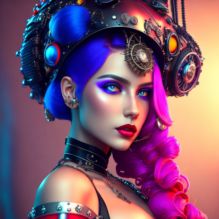 Female portrait with vibrant purple hair and futuristic steampunk headgear and intense blue eyes.