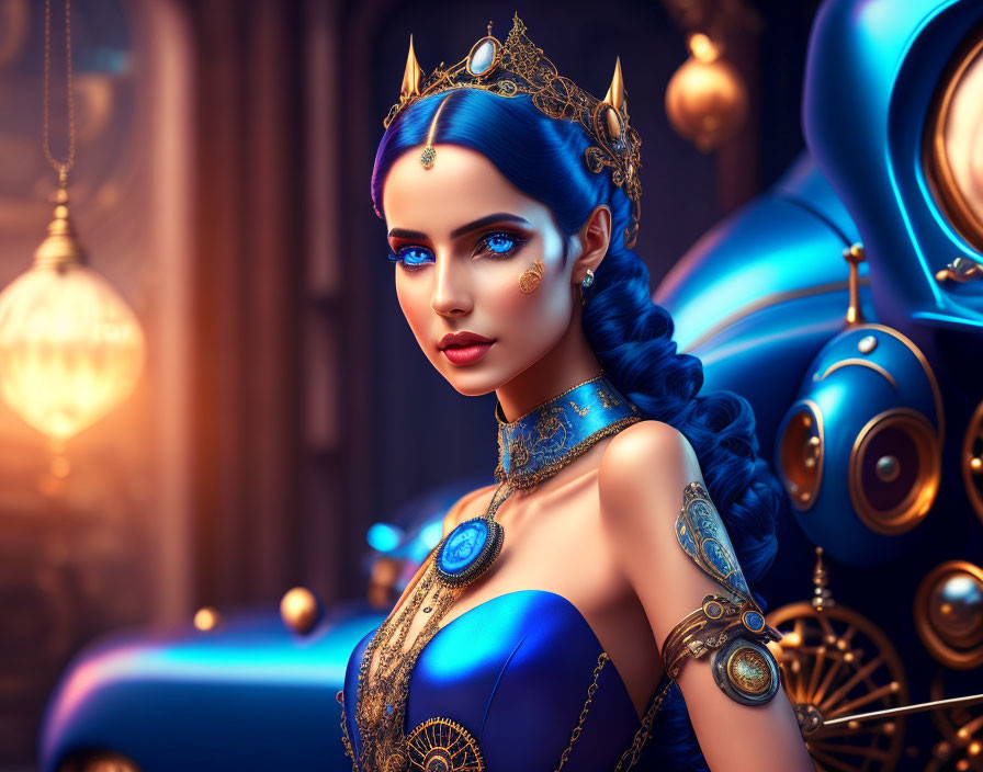 Digital Artwork: Woman with Blue Skin and Regal Attire, Gold Jewelry, Crown, Blue