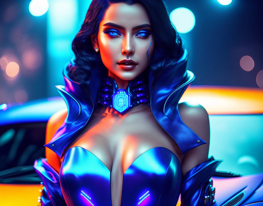 Stylized woman in blue futuristic attire against neon-lit backdrop