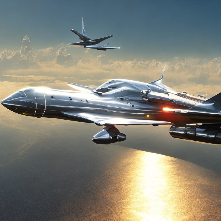 Futuristic jet flying over ocean at sunset with aircraft in distance