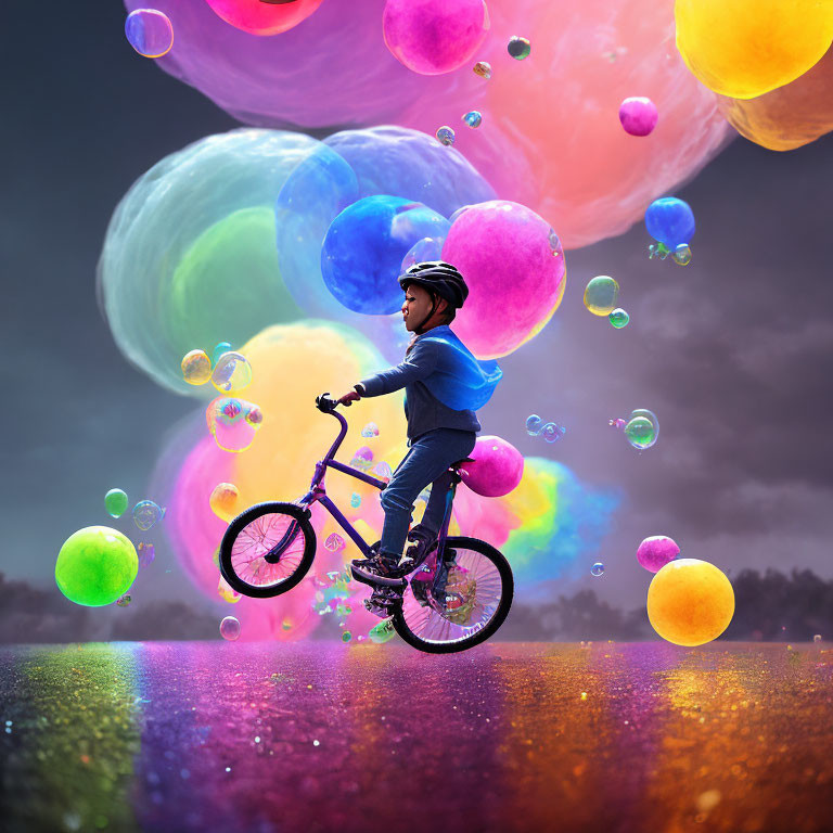 Child Riding Bicycle on Wet Road Amid Colorful Bubbles in Moody Sky