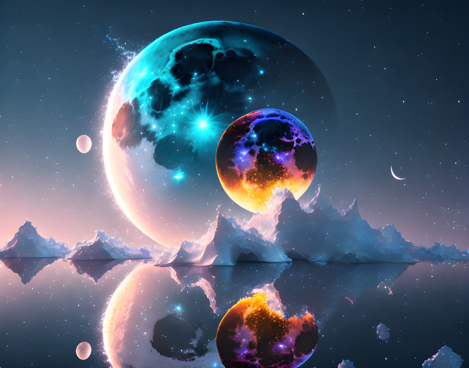 Vibrant colored planets over icy landscape under starry sky