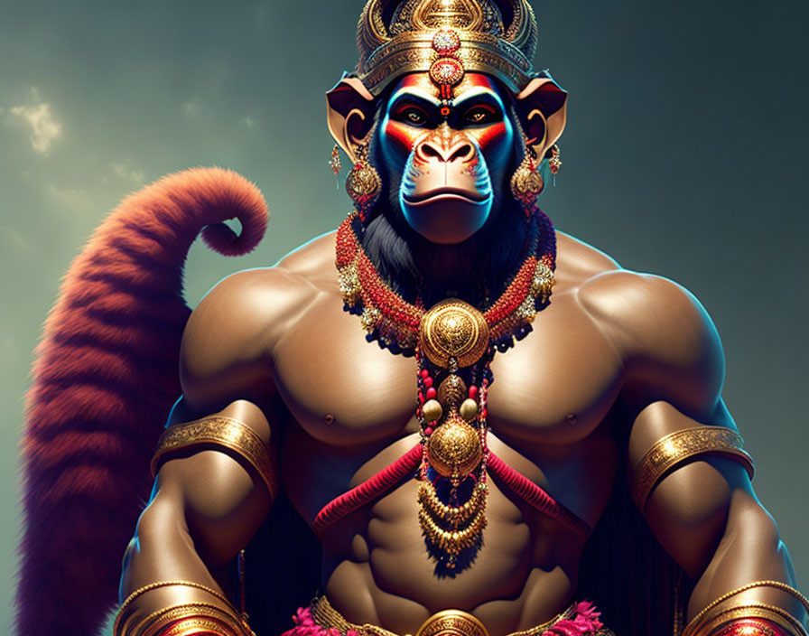 Anthropomorphic monkey deity with gold jewelry on soft-lit background