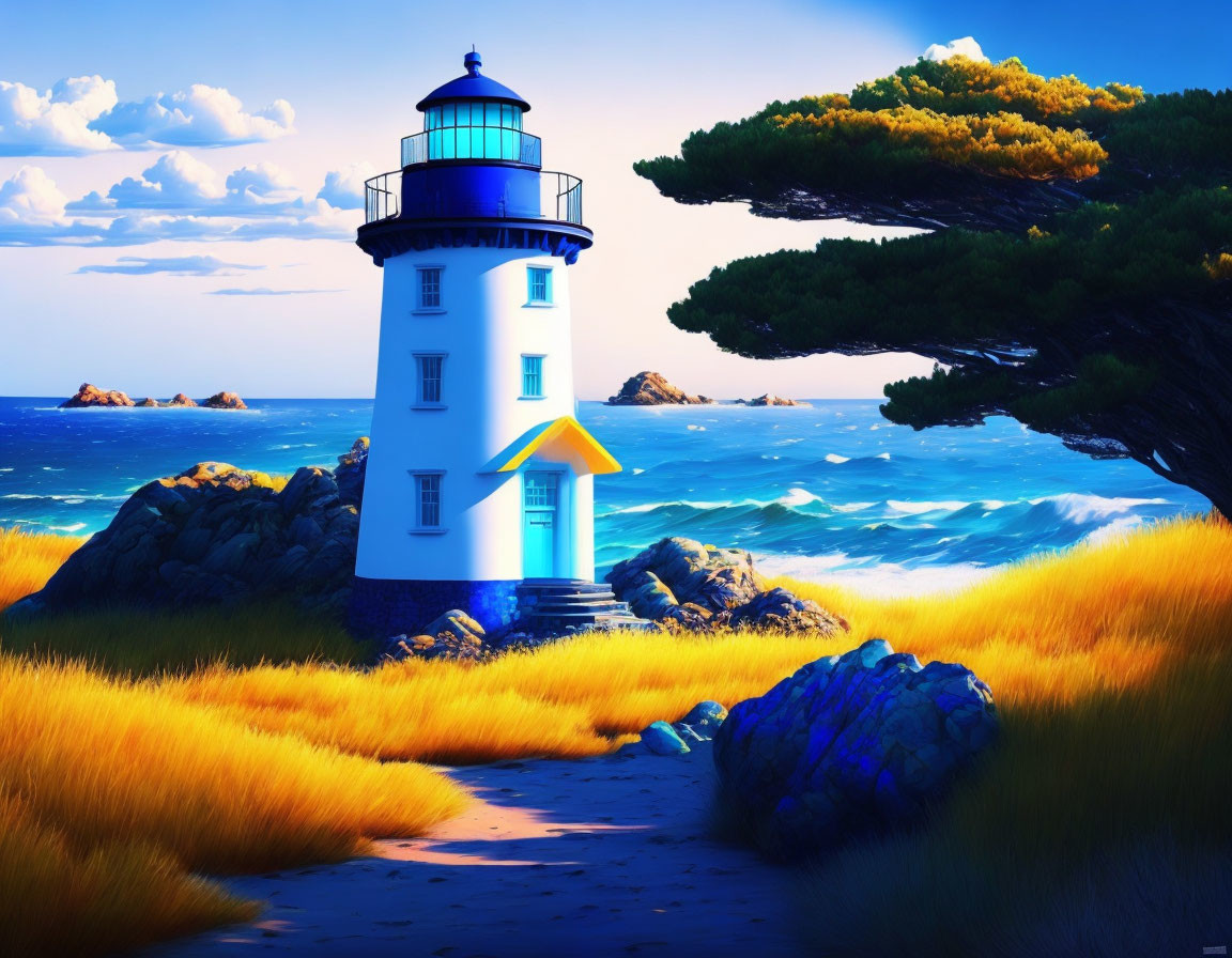 Scenic lighthouse by serene sea with golden grasses and green trees