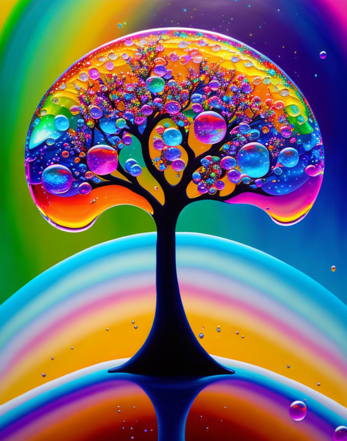 Colorful illustration: Whimsical tree with bubble-like branches on rainbow background