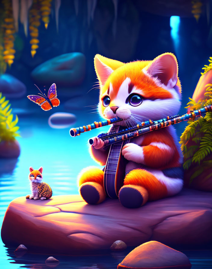 Orange-and-White Cartoon Kitten Playing Flute by River