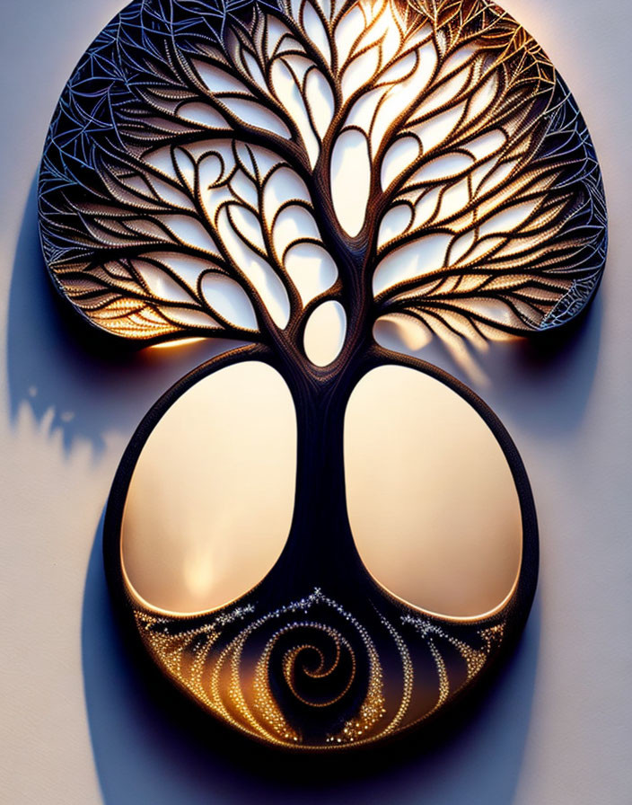 Carved Wooden Tree Against Glowing Circular Background