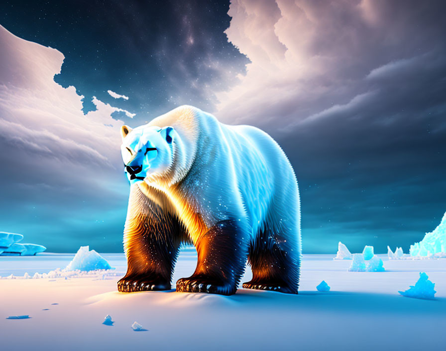 Polar Bear in Aurora Sky on Icy Landscape