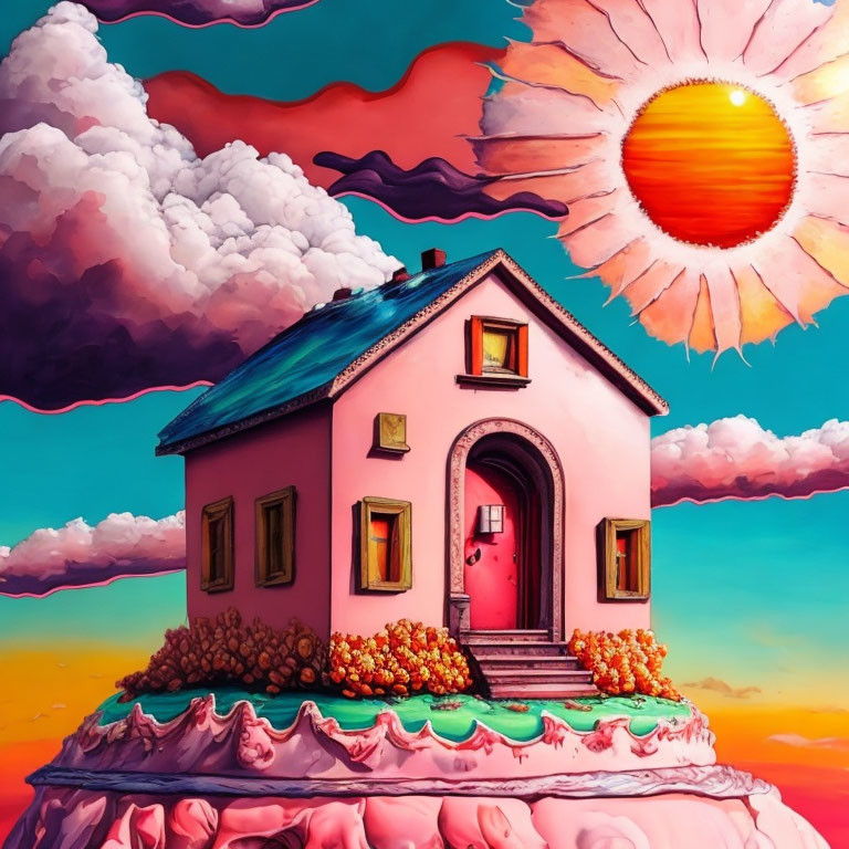 Vibrant surreal artwork: solitary house on cloud-like landscape