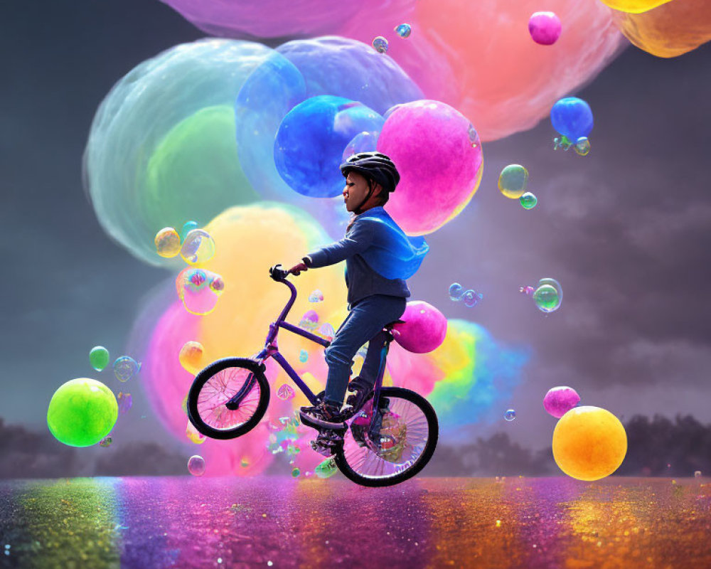 Child Riding Bicycle on Wet Road Amid Colorful Bubbles in Moody Sky