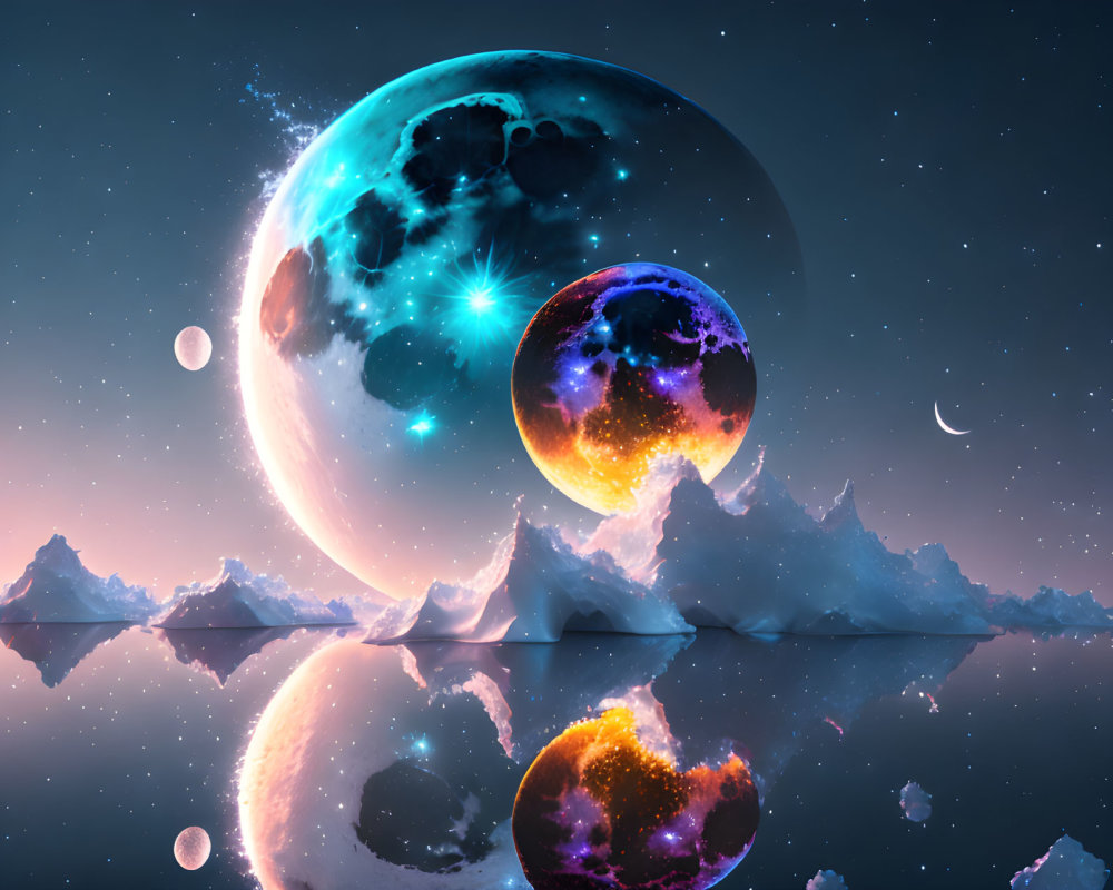 Vibrant colored planets over icy landscape under starry sky