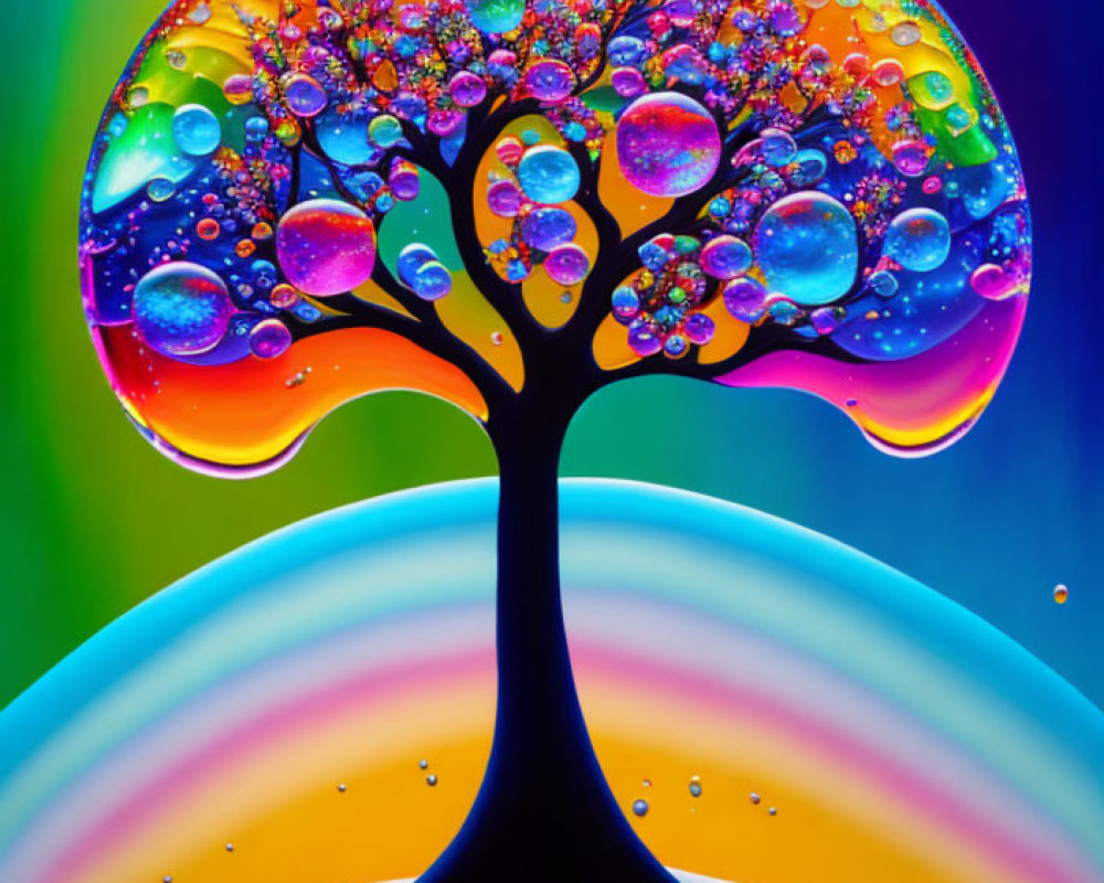 Colorful illustration: Whimsical tree with bubble-like branches on rainbow background