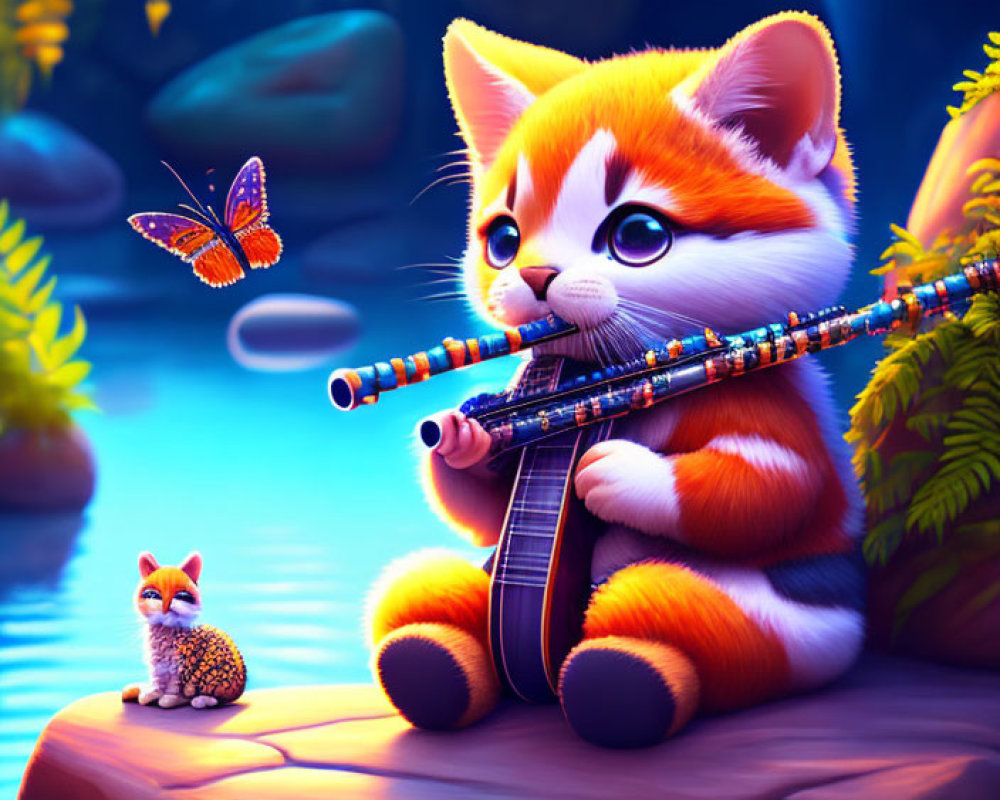 Orange-and-White Cartoon Kitten Playing Flute by River