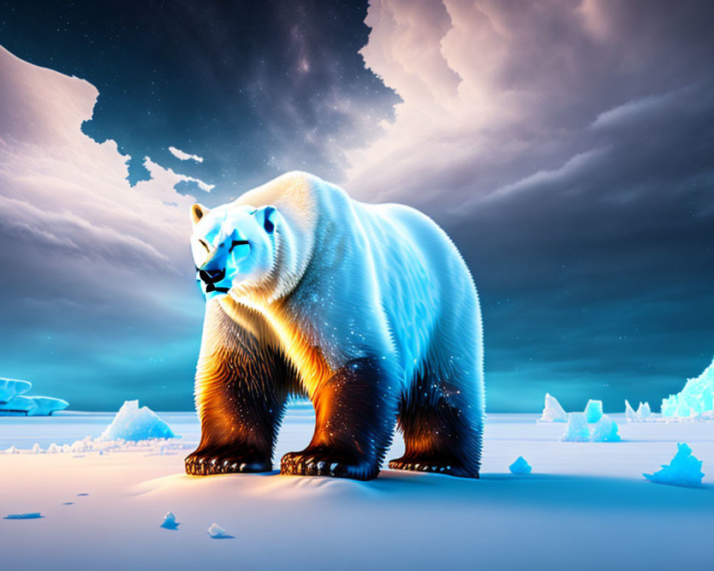 Polar Bear in Aurora Sky on Icy Landscape