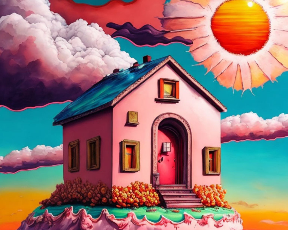 Vibrant surreal artwork: solitary house on cloud-like landscape