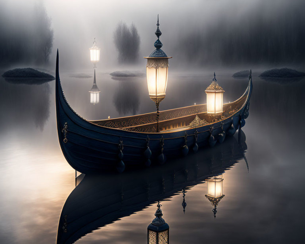 Blue and gold ornate gondola on misty lake with glowing lanterns