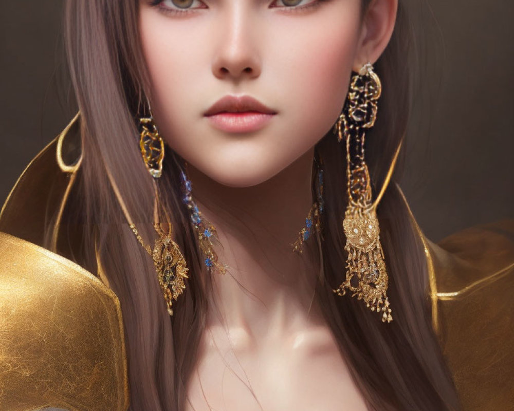 Detailed makeup and gold jewelry on woman against muted background