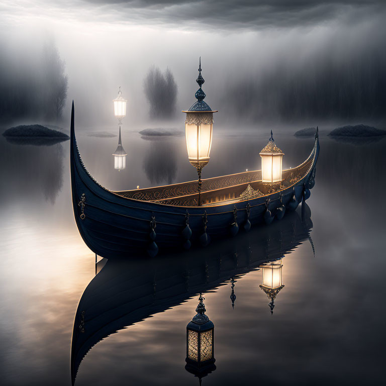 Blue and gold ornate gondola on misty lake with glowing lanterns