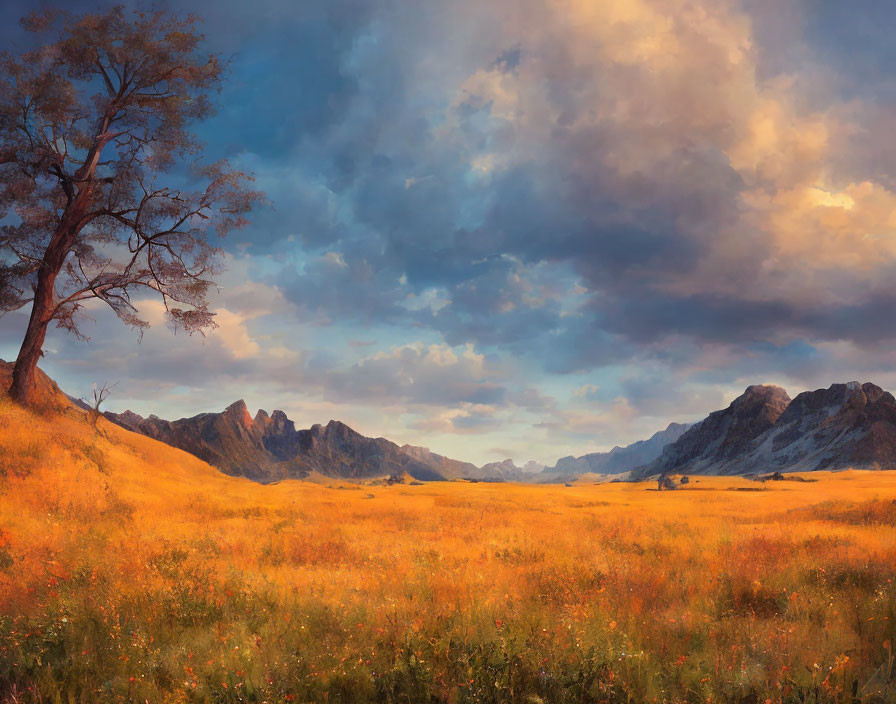 Vast meadow with blooming flowers, dramatic sky, mountains, solitary tree